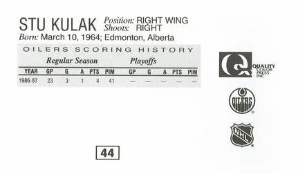 1988-89 Edmonton Oilers Action Magazine Tenth Anniversary Commemerative #44 Stu Kulak Back