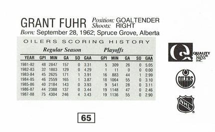1988-89 Edmonton Oilers Action Magazine Tenth Anniversary Commemerative #65 Grant Fuhr Back