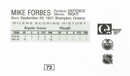 1988-89 Edmonton Oilers Action Magazine Tenth Anniversary Commemerative #72 Mike Forbes Back