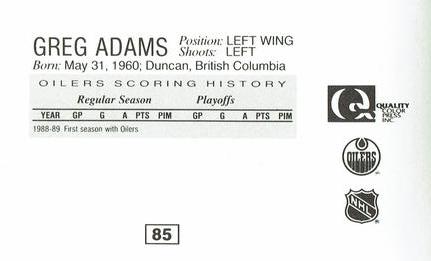 1988-89 Edmonton Oilers Action Magazine Tenth Anniversary Commemerative #85 Greg C. Adams Back