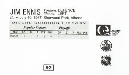 1988-89 Edmonton Oilers Action Magazine Tenth Anniversary Commemerative #92 Jim Ennis Back