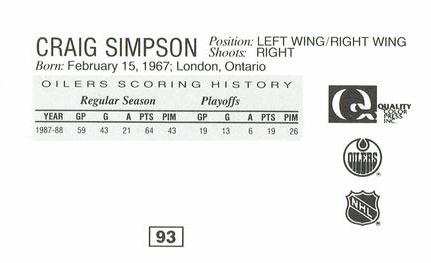 1988-89 Edmonton Oilers Action Magazine Tenth Anniversary Commemerative #93 Craig Simpson Back