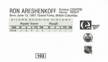 1988-89 Edmonton Oilers Action Magazine Tenth Anniversary Commemerative #103 Ron Areshenkoff Back