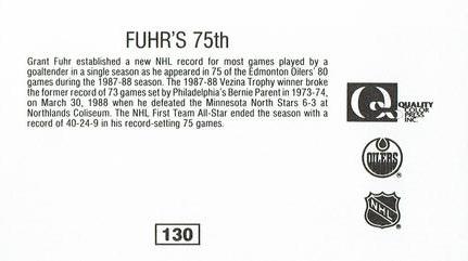 1988-89 Edmonton Oilers Action Magazine Tenth Anniversary Commemerative #130 Grant Fuhr Back