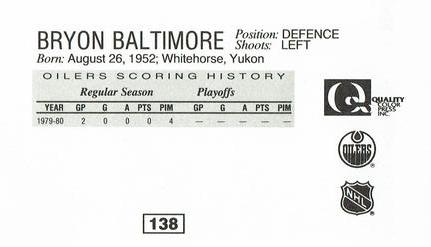 1988-89 Edmonton Oilers Action Magazine Tenth Anniversary Commemerative #138 Bryon Baltimore Back