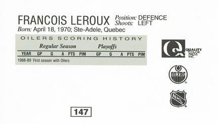 1988-89 Edmonton Oilers Action Magazine Tenth Anniversary Commemerative #147 Francois Leroux Back