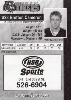 2007-08 Medicine Hat Tigers (WHL) #NNO Bretton Cameron Back