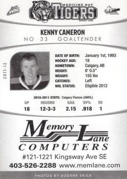 2011-12 Medicine Hat Tigers (WHL) #NNO Kenny Cameron Back