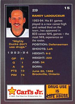 1994-95  Carl's Jr. Anaheim Mighty Ducks #15 Randy Ladouceur Back
