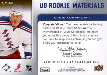 2008-09 Upper Deck - Rookie Materials #RM-LK Lauri Korpikoski  Back
