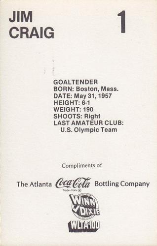 1979-80 Coca-Cola Atlanta Flames #NNO Jim Craig Back