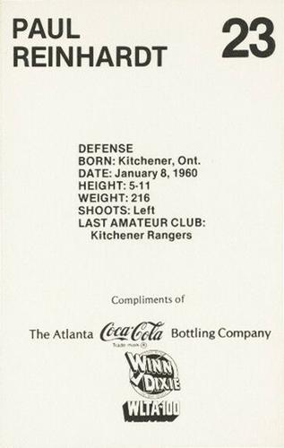 1979-80 Coca-Cola Atlanta Flames #NNO Paul Reinhart Back