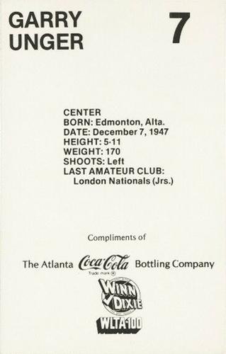 1979-80 Coca-Cola Atlanta Flames #NNO Garry Unger Back