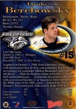 1998-99  Pacific Wendy's Nashville Predators #2 Drake Berehowsky Back