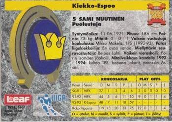 1993-94 Leaf Sisu SM-Liiga (Finnish) - Signature Cards #260 Sami Nuutinen Back