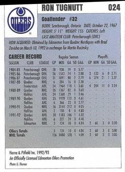 1992-93 IGA Edmonton Oilers #24 Ron Tugnutt Back