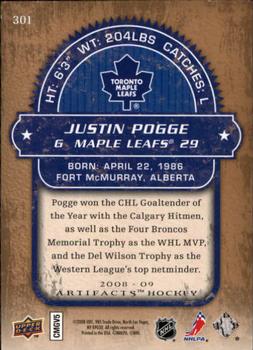 2008-09 Upper Deck Artifacts - Rookies Exchange #301 Justin Pogge Back
