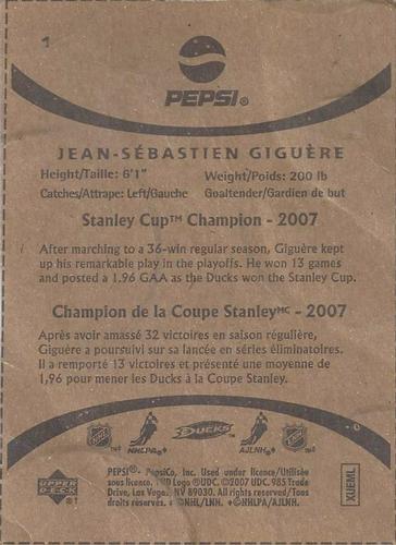 2007-08 Upper Deck Pepsi Stanley Cup Champion #1 Jean-Sebastien Giguere Back