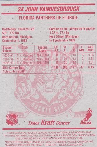 1993-94 Kraft - Kraft Dinner #NNO John Vanbiesbrouck Back