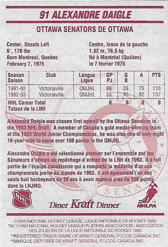 1993-94 Kraft - Kraft Dinner #NNO Alexandre Daigle Back