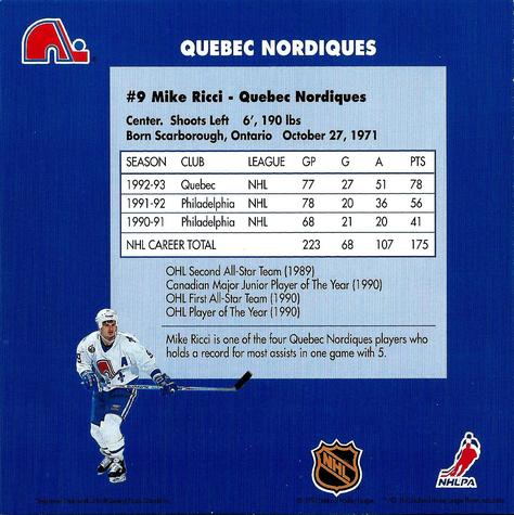1993-94 Kraft NHL Superstar Recipes #NNO Mike Ricci Back