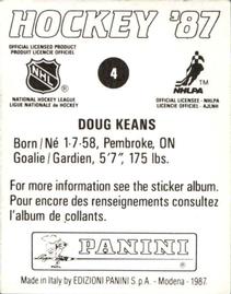 1987-88 Panini Hockey Stickers #4 Doug Keans Back