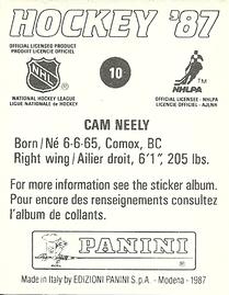 1987-88 Panini Hockey Stickers #10 Cam Neely Back