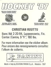 1987-88 Panini Hockey Stickers #28 Christian Ruuttu Back