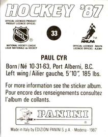 1987-88 Panini Stickers #33 Paul Cyr Back
