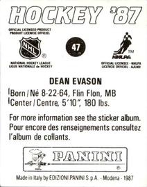 1987-88 Panini Hockey Stickers #47 Dean Evason Back