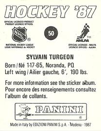 1987-88 Panini Hockey Stickers #50 Sylvain Turgeon Back