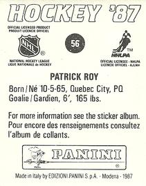 1987-88 Panini Hockey Stickers #56 Patrick Roy Back