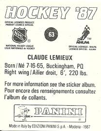 1987-88 Panini Stickers #63 Claude Lemieux Back