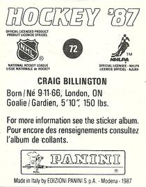 1987-88 Panini Stickers #72 Craig Billington Back
