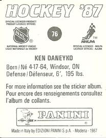 1987-88 Panini Stickers #76 Ken Daneyko Back