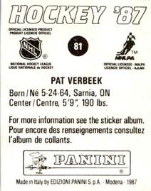 1987-88 Panini Hockey Stickers #81 Pat Verbeek Back