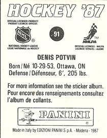 1987-88 Panini Stickers #91 Denis Potvin Back