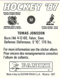 1987-88 Panini Hockey Stickers #92 Tomas Jonsson Back