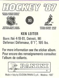 1987-88 Panini Hockey Stickers #93 Ken Leiter Back