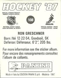 1987-88 Panini Hockey Stickers #108 Ron Greschner Back