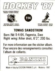 1987-88 Panini Hockey Stickers #114 Tomas Sandstrom Back