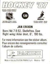 1987-88 Panini Hockey Stickers #120 Jan Erixon Back