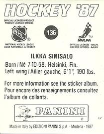1987-88 Panini Hockey Stickers #136 Ilkka Sinisalo Back