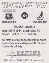 1987-88 Panini Stickers #204 Rejean Lemelin Back