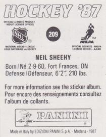 1987-88 Panini Hockey Stickers #209 Neil Sheehy Back