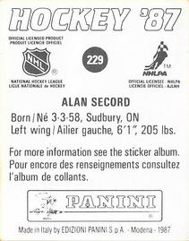 1987-88 Panini Stickers #229 Al Secord Back