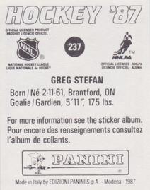 1987-88 Panini Hockey Stickers #237 Greg Stefan Back