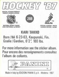 1987-88 Panini Hockey Stickers #288 Kari Takko Back