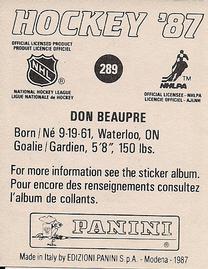 1987-88 Panini Hockey Stickers #289 Don Beaupre Back