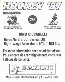 1987-88 Panini Hockey Stickers #293 Dino Ciccarelli Back